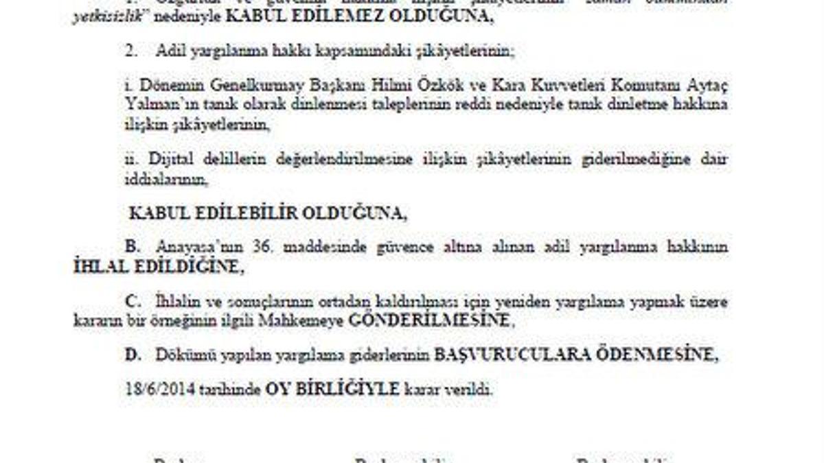 AYM'den Balyoz kararı