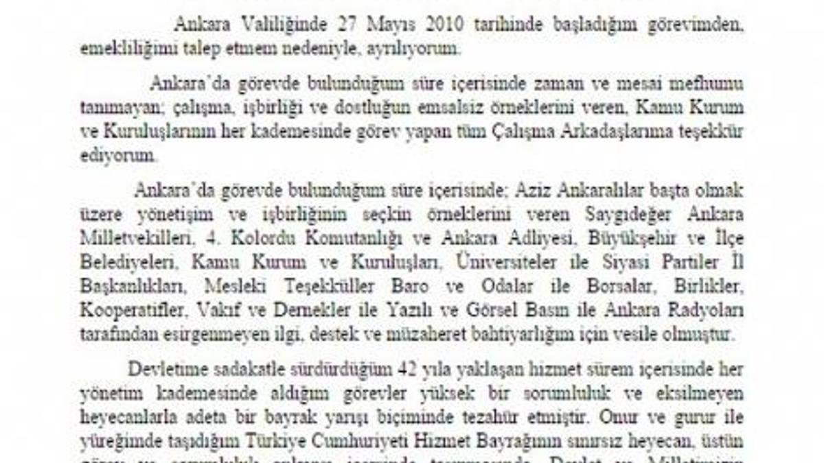 Ankara Valisi veda etti