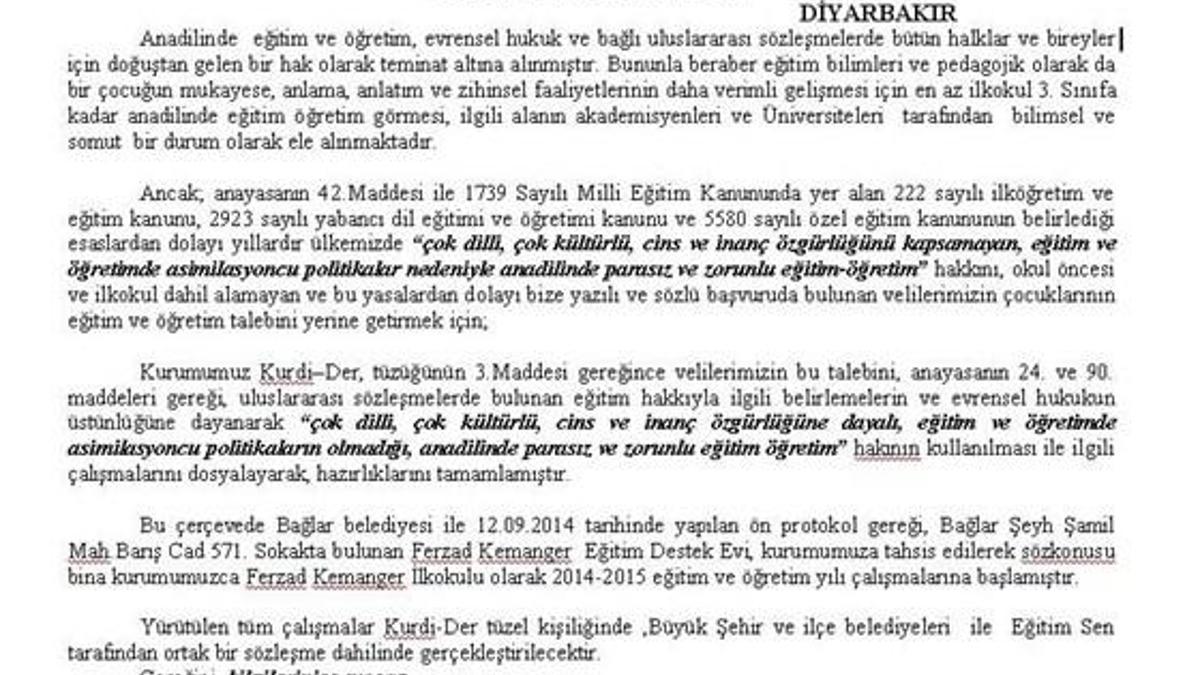Mühürlenen Kürtçe okul için resmi başvuru
