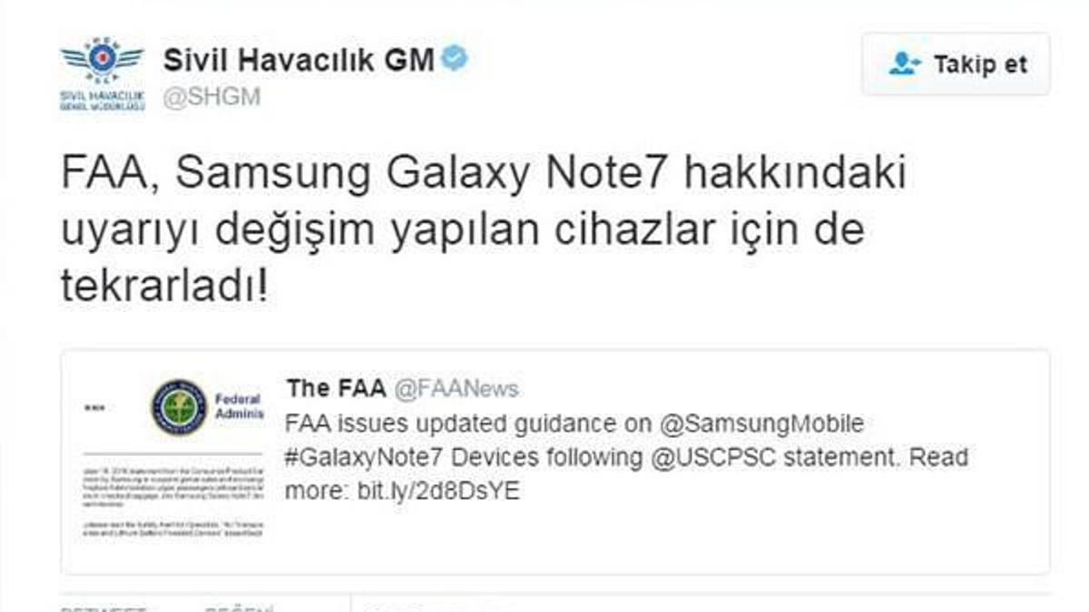 Samsung Galaxy Note 7'ler el bagajında da taşınmayacak