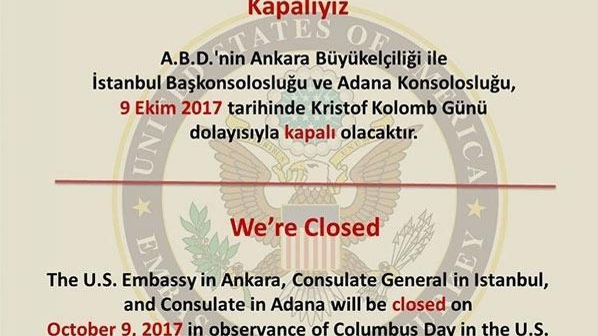 ABD Büyükelçiliği ve konsoloslukları "Kristof Kolomb Günü" nedeniyle kapalı