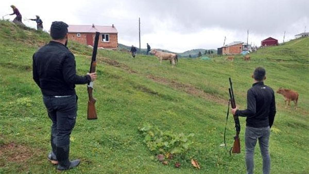 Yaylada, hayvanları telef eden kurtlara karşı tüfekli nöbet