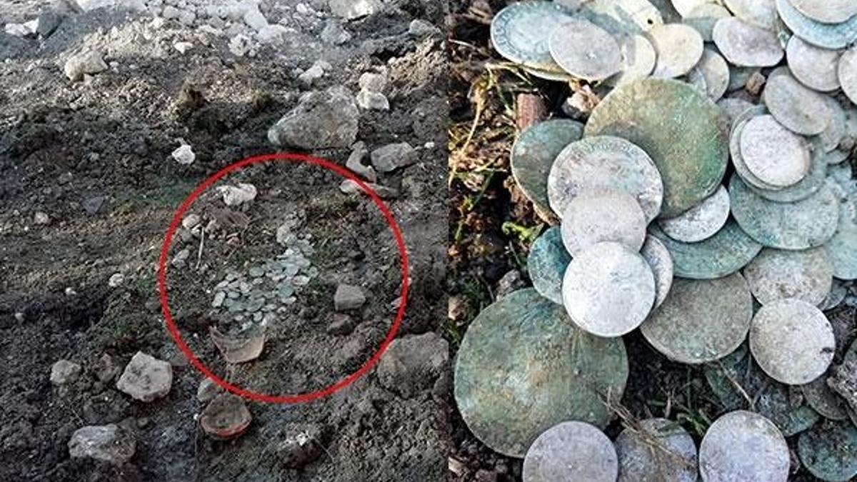 Kazı sırasında kırdığı küpten 300'den fazla sikke çıktı!