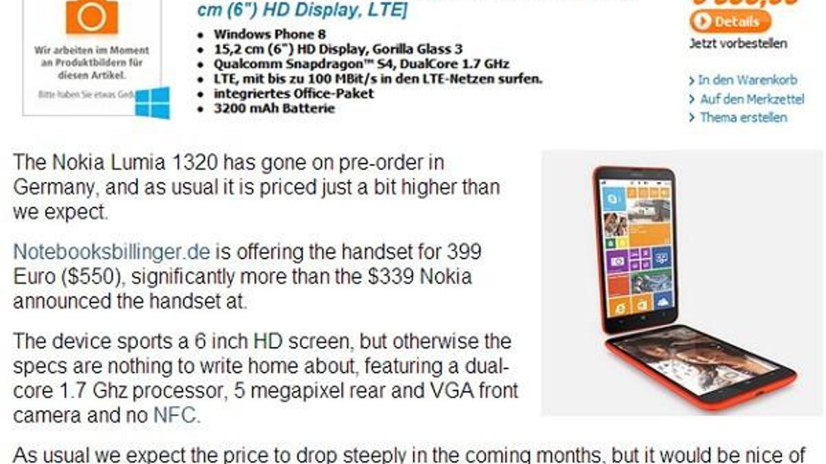 Nokia Lumia 1320 için ön sipariş süreci başladı