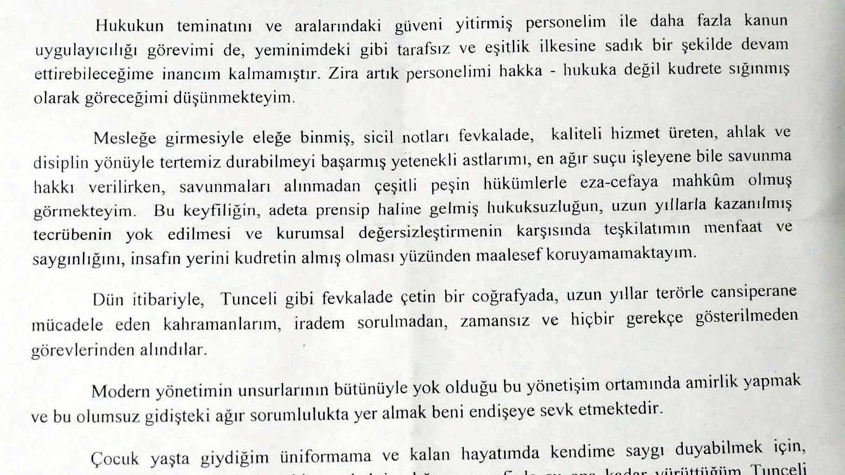 İşte Tunceli Emniyet Müdürü’nün zehir zemberek istifa dilekçesi