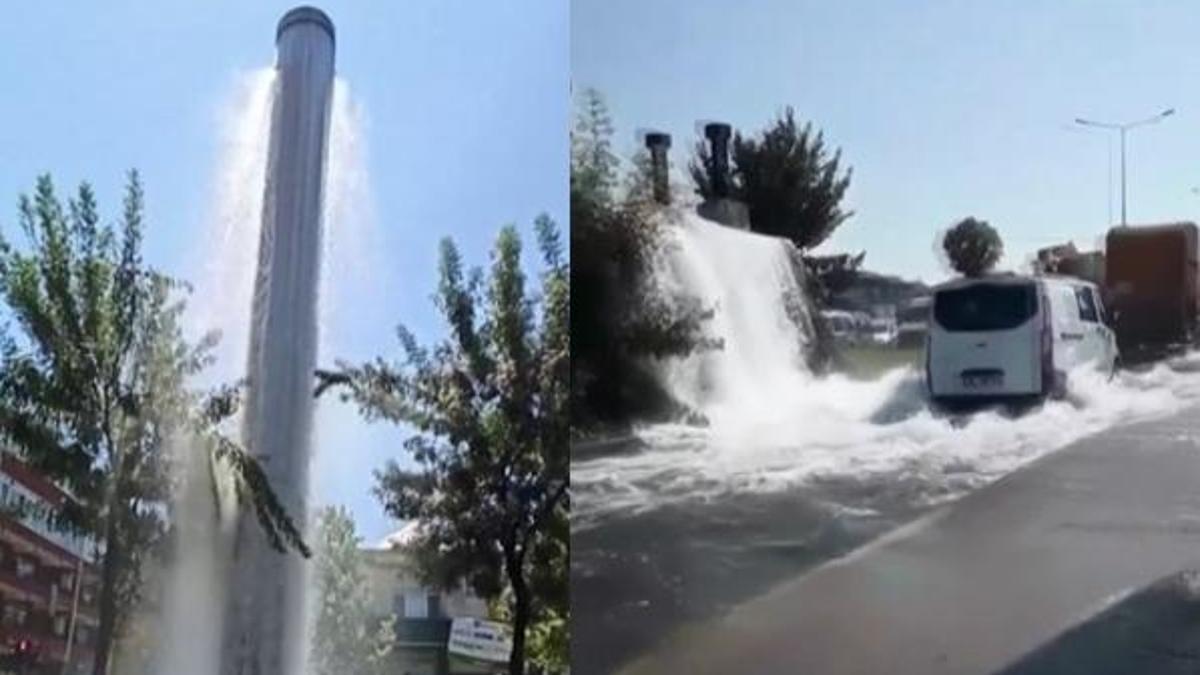 Su borusu patladı, fışkıran sular metrelerce yükseldi