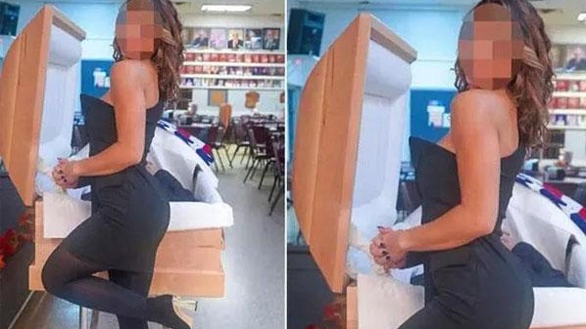 Sosyal medya fenomeni babasının tabutunun başında mini elbisesiyle poz verdi