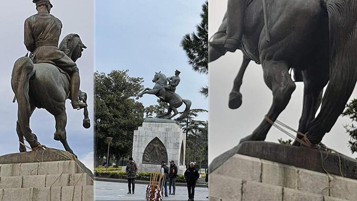 Atatürk Anıtı'na çirkin saldırı! Halat bağlayıp çekmeye çalıştılar: 2 kişi gözaltında