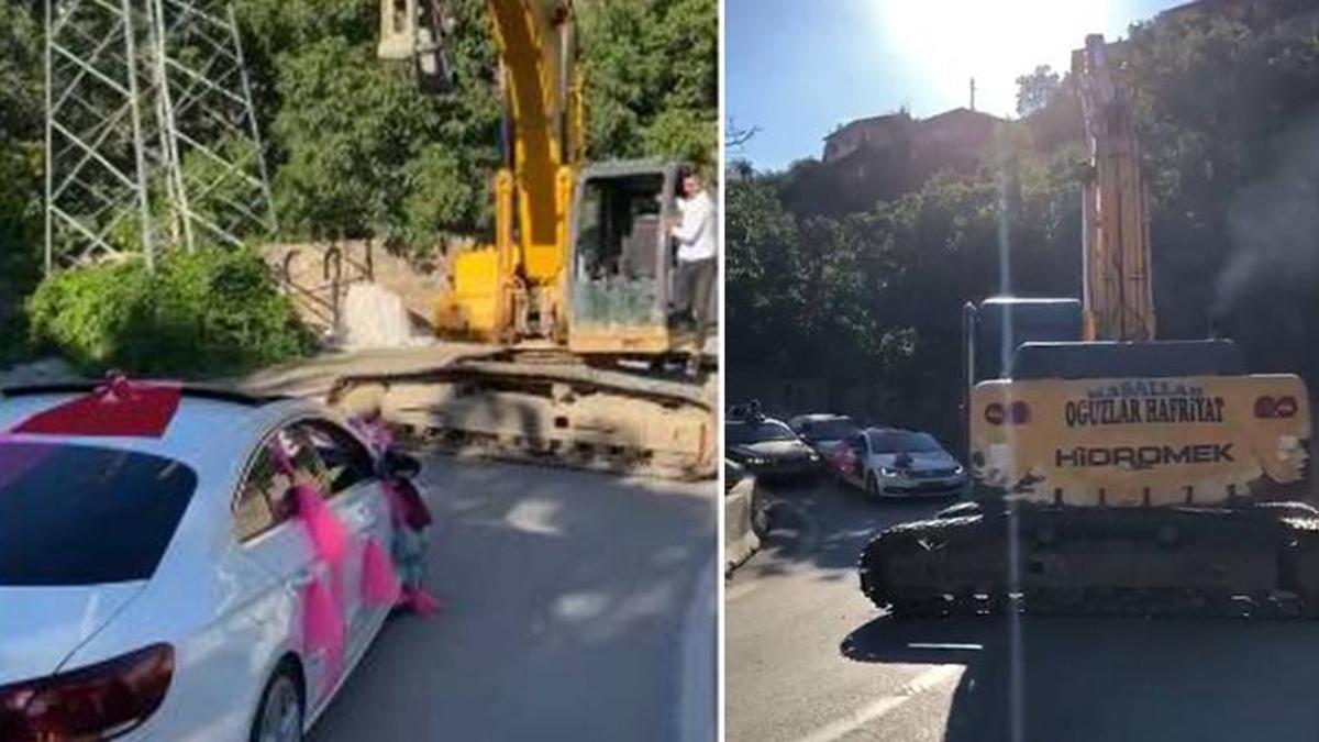 İş makinesiyle düğün konvoyunun önünü kesip bahşiş aldı