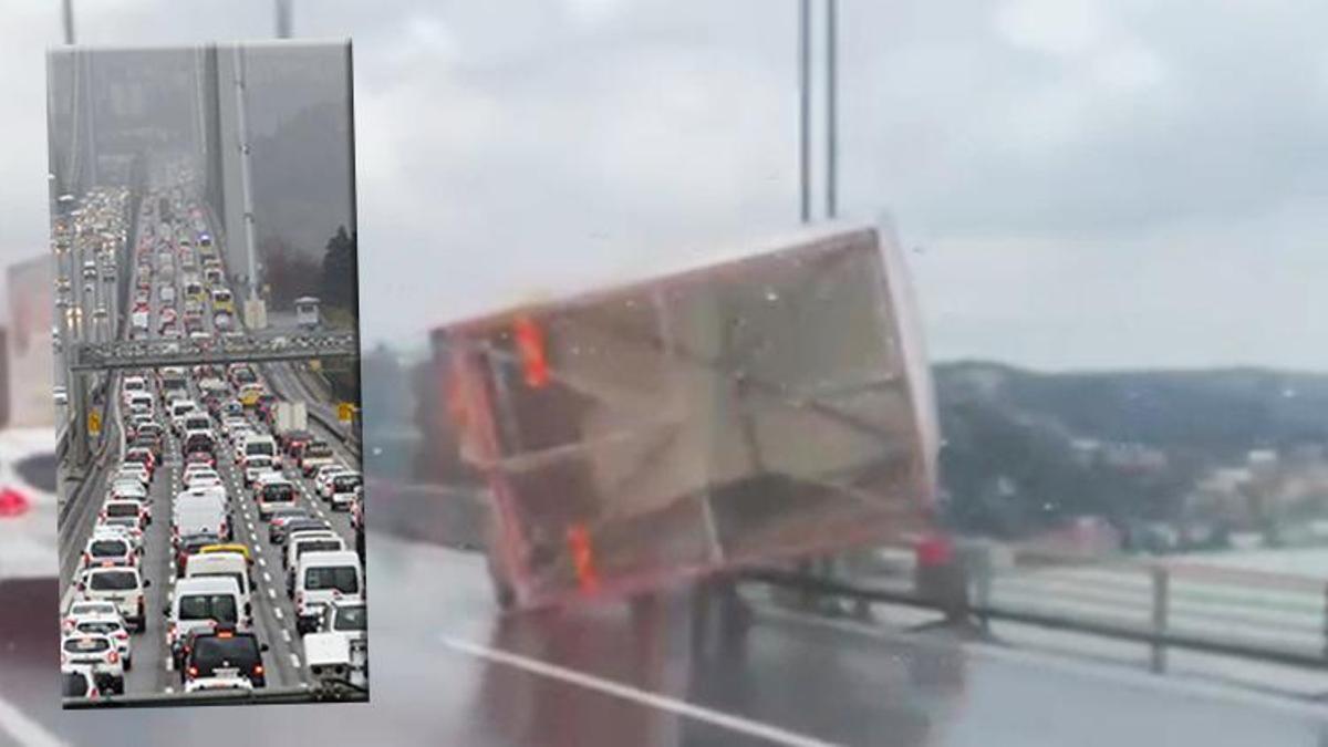 FSM'de şiddetli rüzgar nedeniyle römork yan yattı! Trafik yoğunluğu oluştu