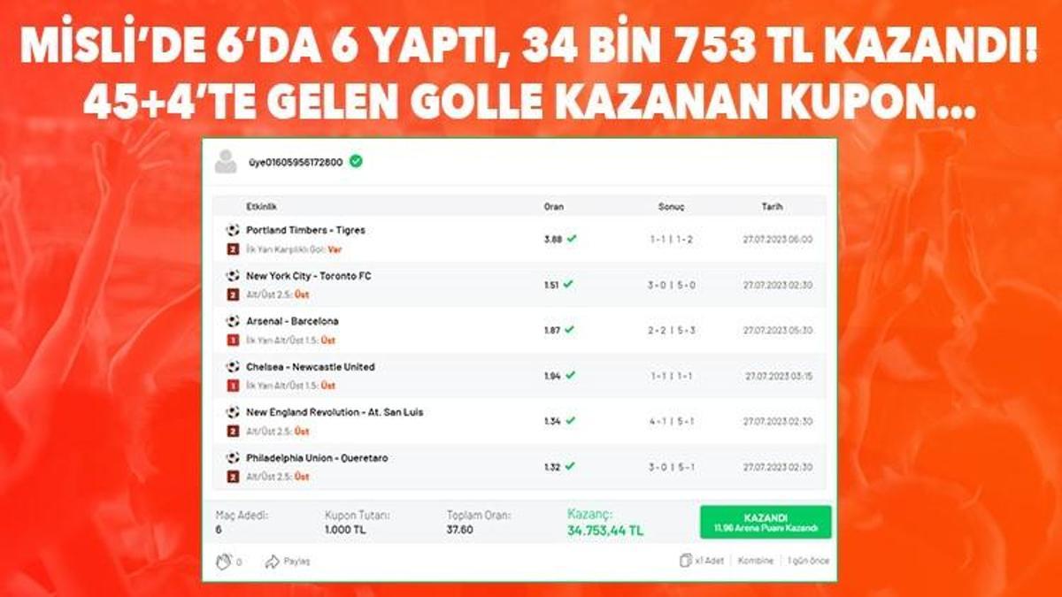 Misli’de 6’da 6 yaptı, 34 Bin 753 TL kazandı! 45+4’te gelen golle kazanan kupon…