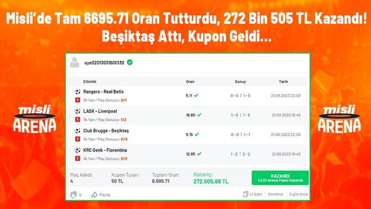 Misli’de Tam 6695.71 Oran Tutturdu, 272 Bin 505 TL Kazandı! Beşiktaş Attı, Kupon Geldi…