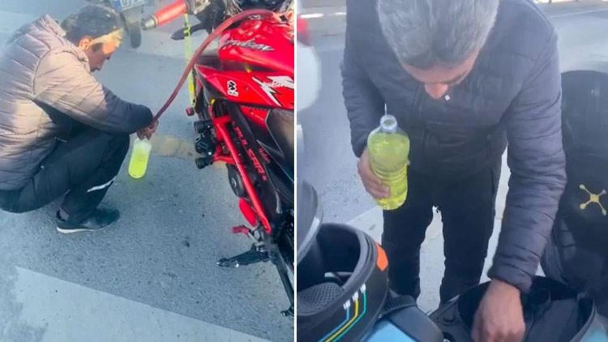 Motosiklet sürücüsünden bedava benzin için şaşırtan yöntem! Tek tek topladı