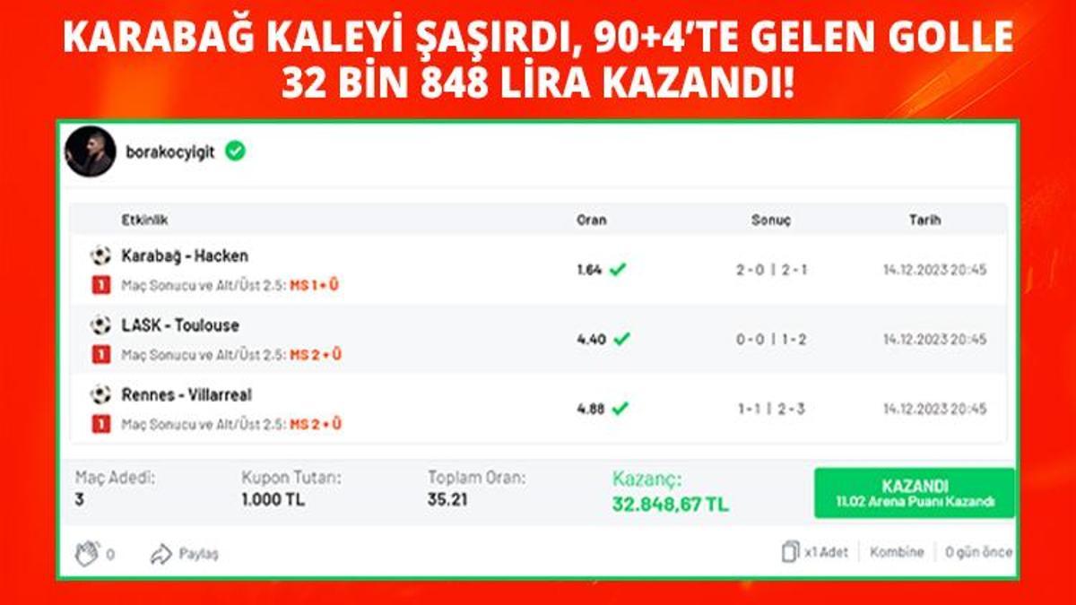 Karabağ kaleyi şaşırdı, 90+4’te gelen golle 32 bin 848 lira kazandı!