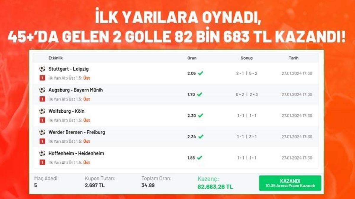 İlk yarılara oynadı, 45+’da gelen 2 golle 82 bin 683 TL kazandı!