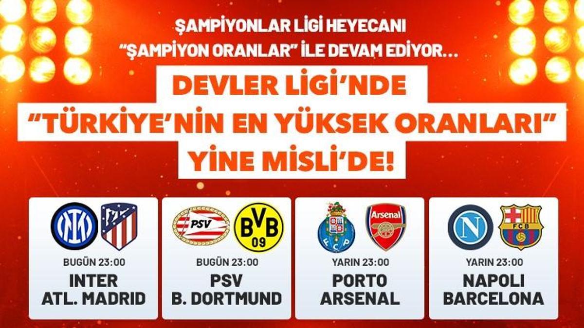 Şampiyonlar Ligi heyecanı “Şampiyon Oranlar” ile devam ediyor… Devler Ligi’nde “Türkiye’nin En Yüksek Oranları” yine Misli’de!