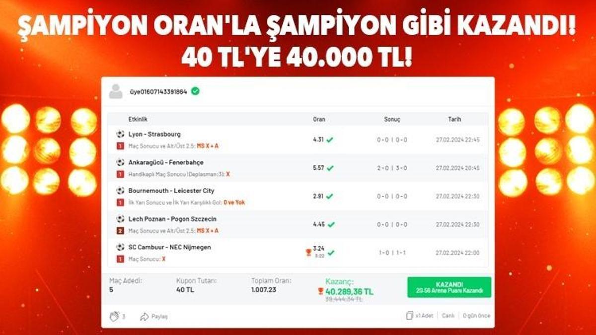 Şampiyon Oran’la şampiyon gibi kazandı! 40 TL’ye 40.000 TL!