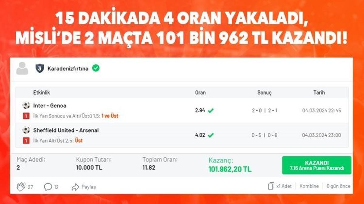 15 dakikada 4 oran yakaladı, Misli’de 2 maçta 101 bin 962 TL kazandı!