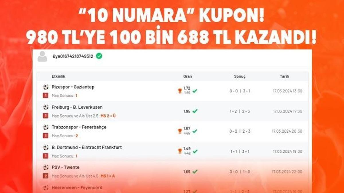 “10 numara” kupon! 980 TL’ye 100 bin 688 TL kazandı!