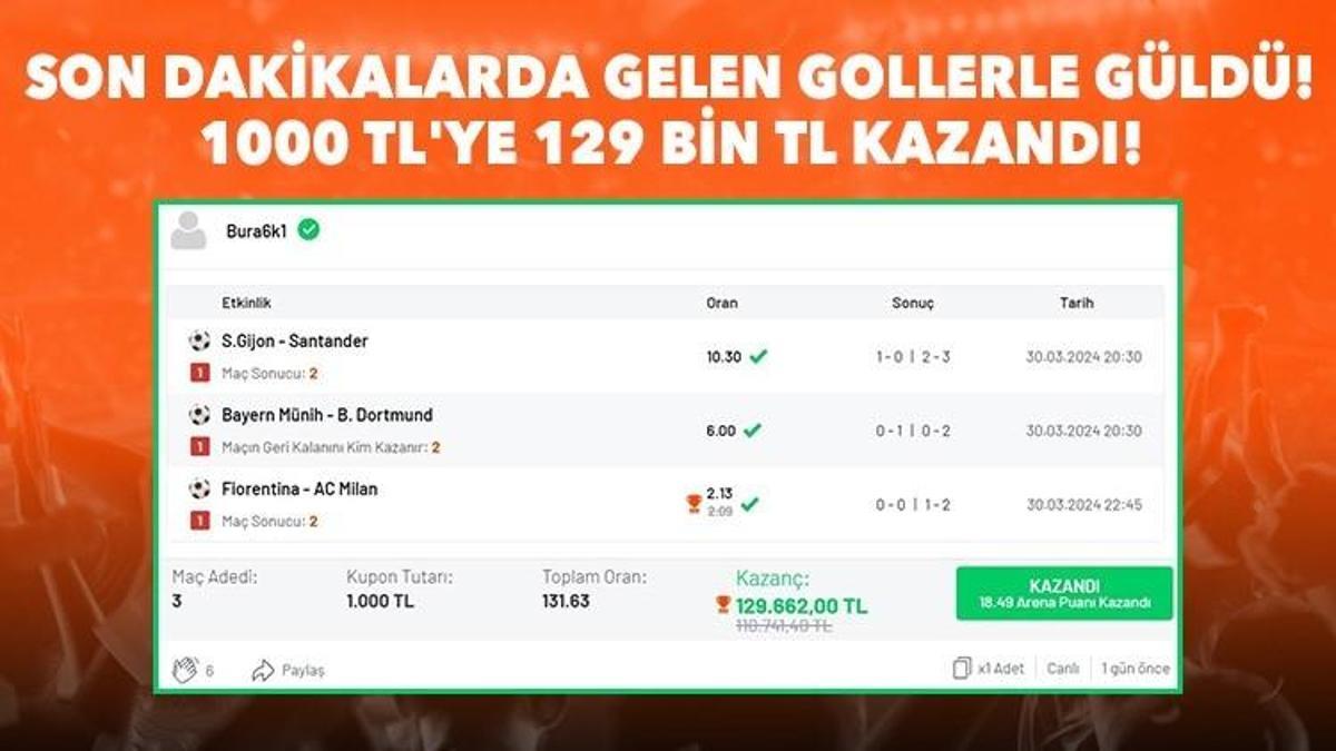 Son dakikalarda gelen gollerle güldü, 1000 TL'ye 129 bin TL kazandı!