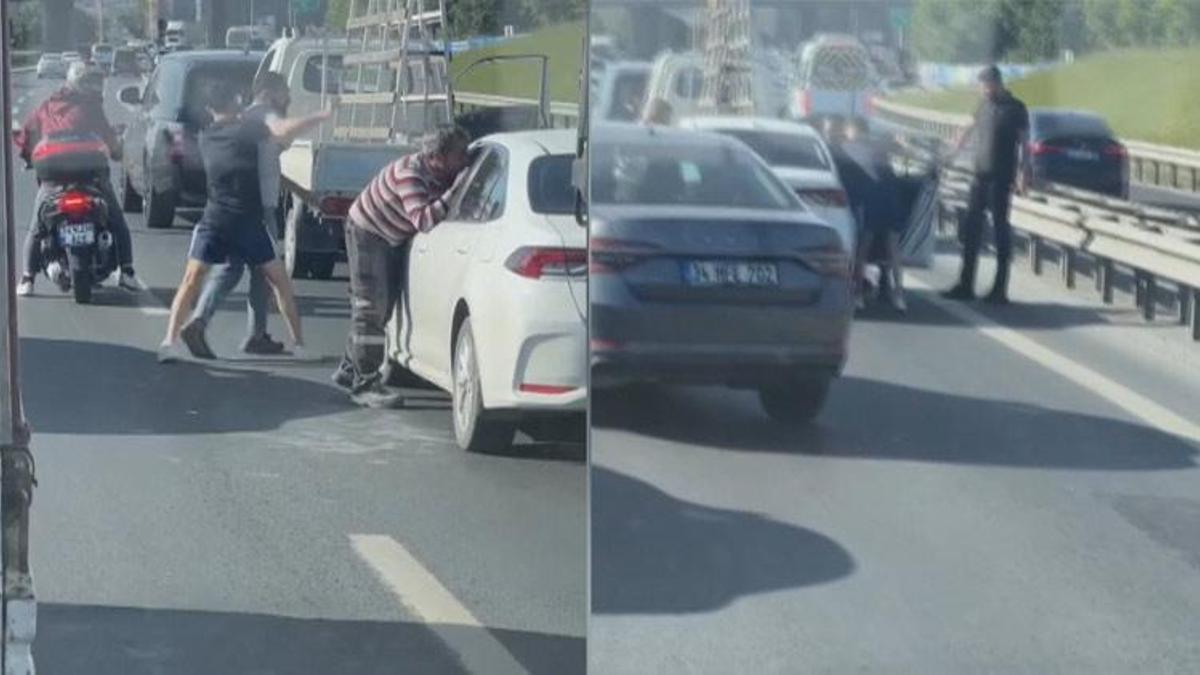 Trafik magandaları otomobilin önünü kesip sürücüyü darp ettiler!