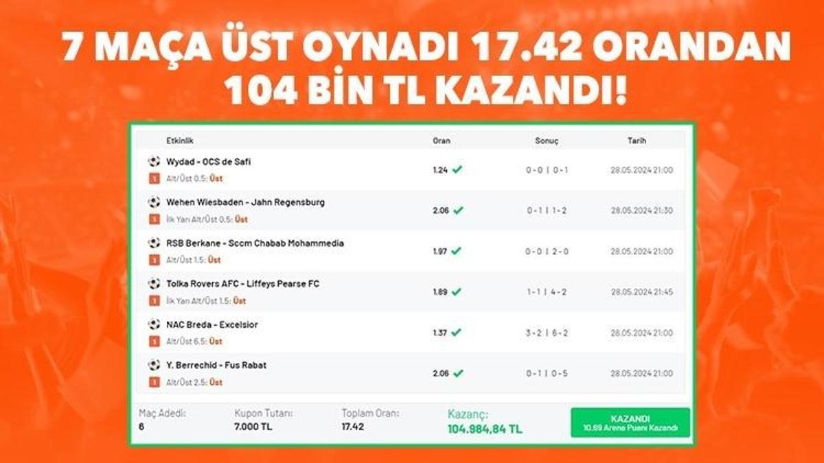 7 maça Üst oynadı, 17 orandan 104 bin bin TL kazandı!