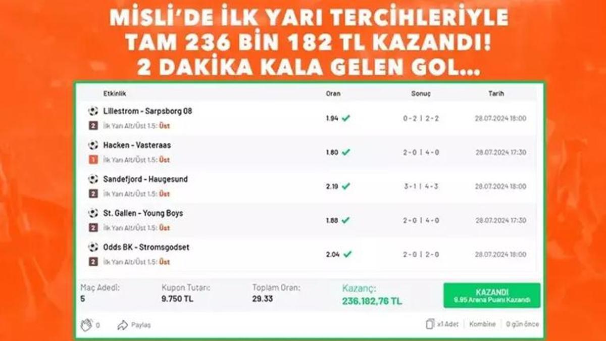 Misli’de ilk yarı tercihleriyle tam 236 bin 182 TL kazandı! 2 dakika kala gelen gol…