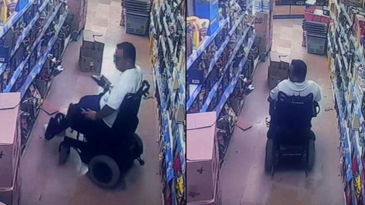 Markette şok görüntü! Akülü sandalye ile engelli gibi davranıp, hırsızlık yaptı