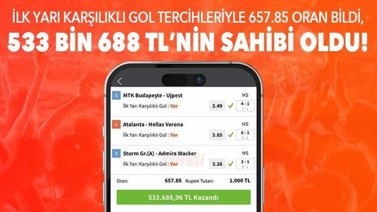 İlk yarı karşılıklı gol tercihleriyle 657.85 oran bildi, 533 bin 688 TL’nin sahibi oldu!