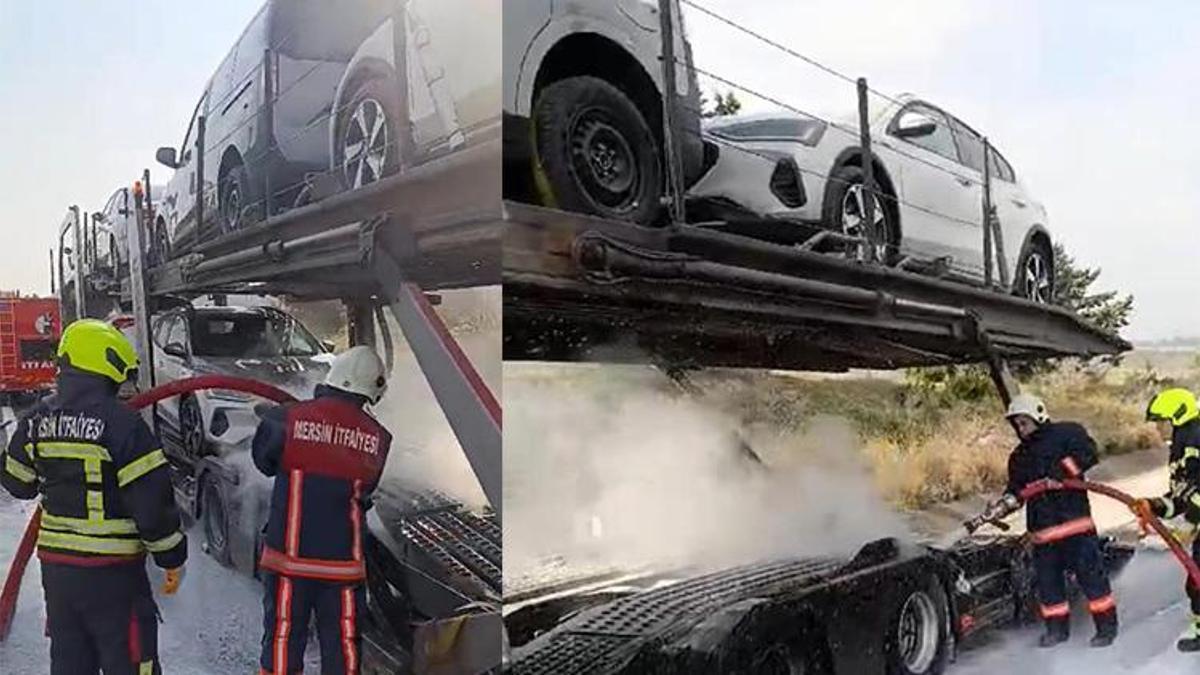 Mersin'de araç taşıma römorkunda yangın!