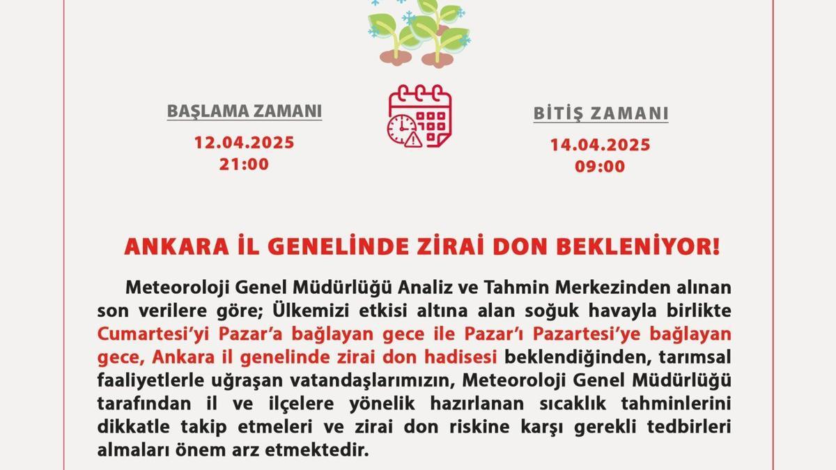 Ankara Valiliği'nden 'zirai don' uyarısı