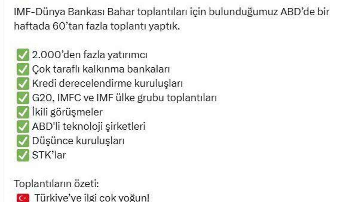 Bakan Şimşek: ABD'de 60'tan fazla toplantı yaptık, Türkiye'ye ilgi çok yoğun