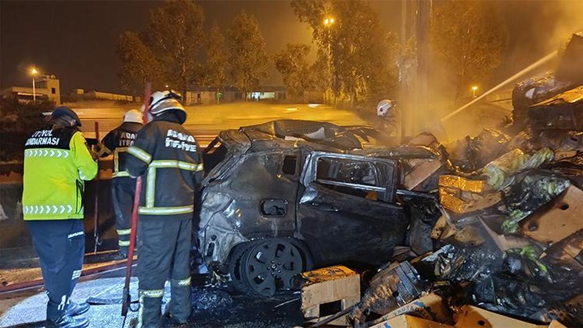 Adana'da Otoyolda facianın eşiğinden dönüldü: Tıra çarpan cip yanarak küle döndü