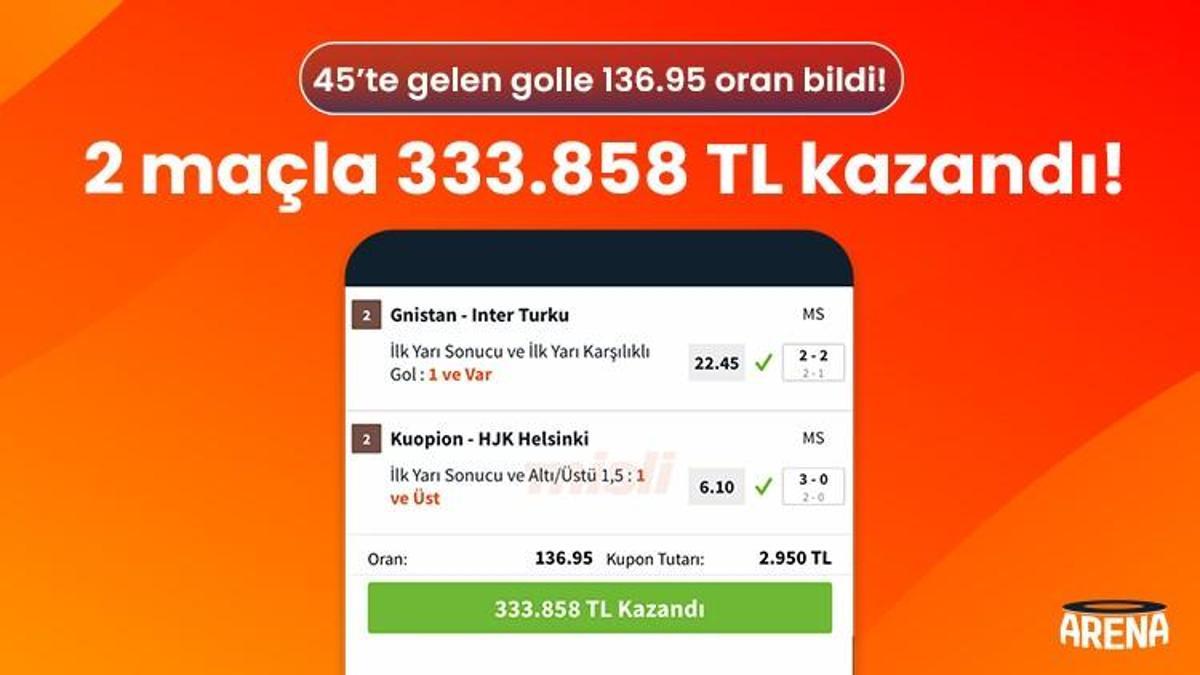 45’te gelen golle 136.95 oran bildi! 2 maçla 333.858 TL kazandı!