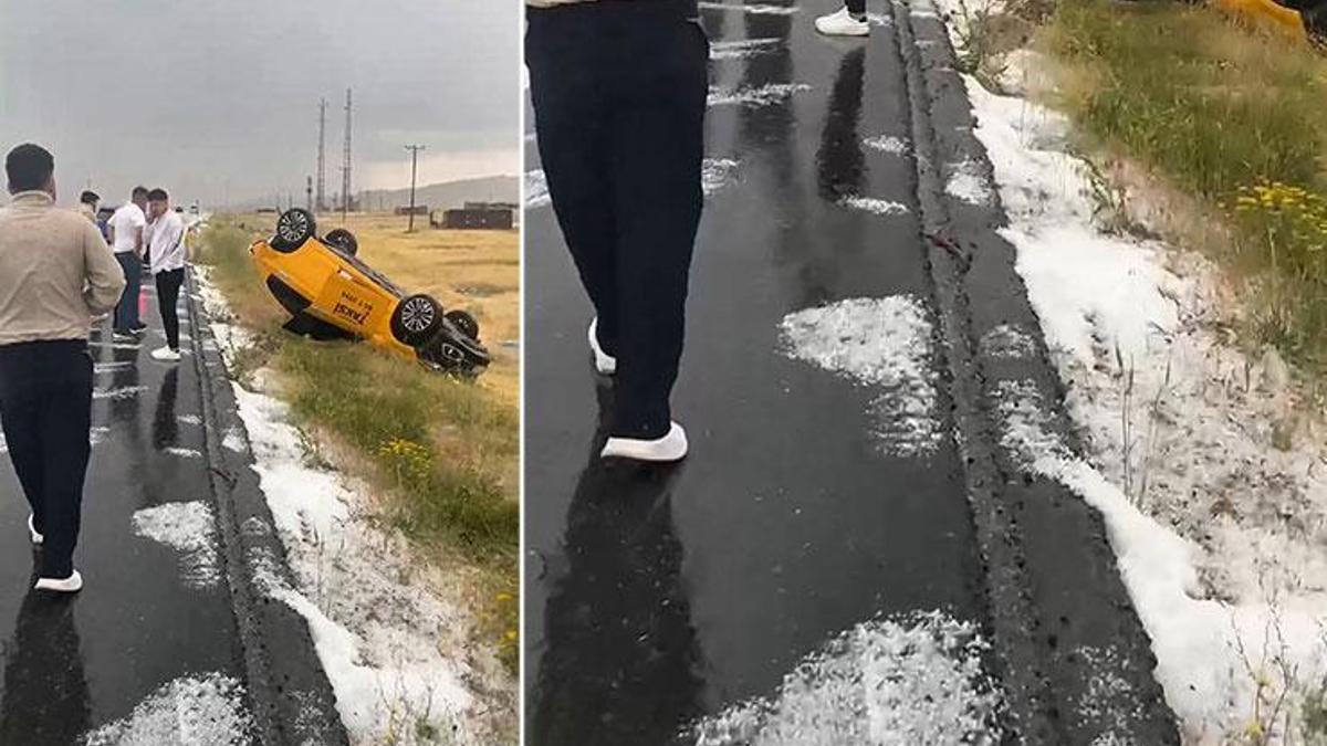 Yaz ortasında dolu yağışı! Kontrolü kaybeden araç kaza yaptı