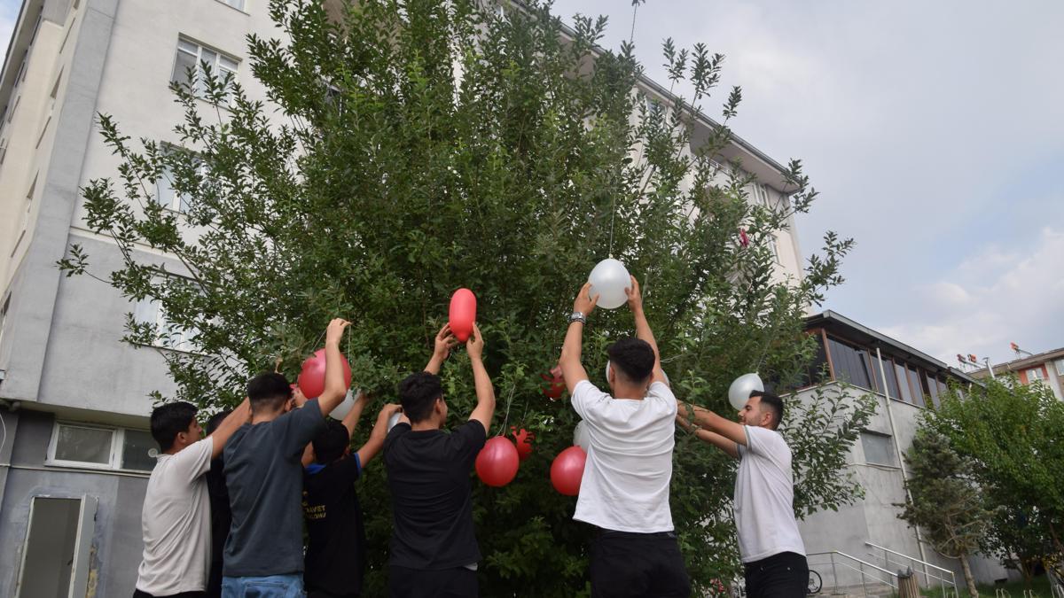 Liseliler, orman yangınlarına dikkat çekmek için ağaçlara balon astı
