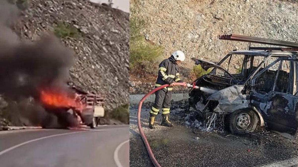 Yayladağı'nda yanan kamyonet, kullanılamaz hale ge…