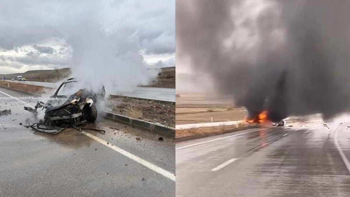 Tokat'ta kayganlaşan yolda kaza yapan otomobil alev al