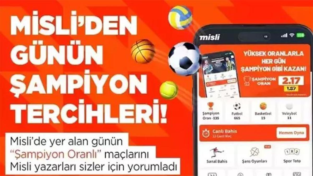 Fenerbahçe’nin galibiyeti için cazip oran, Milano derbisi için 1.83’lük tahmin… İşte Misli’den Günün Şampiyon Tercihleri…