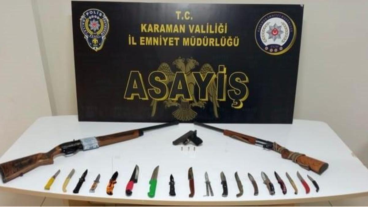 Karaman'da polis denetiminde; 18 kesici alet, 2 tüfek,1 tabanca ele geçirdi