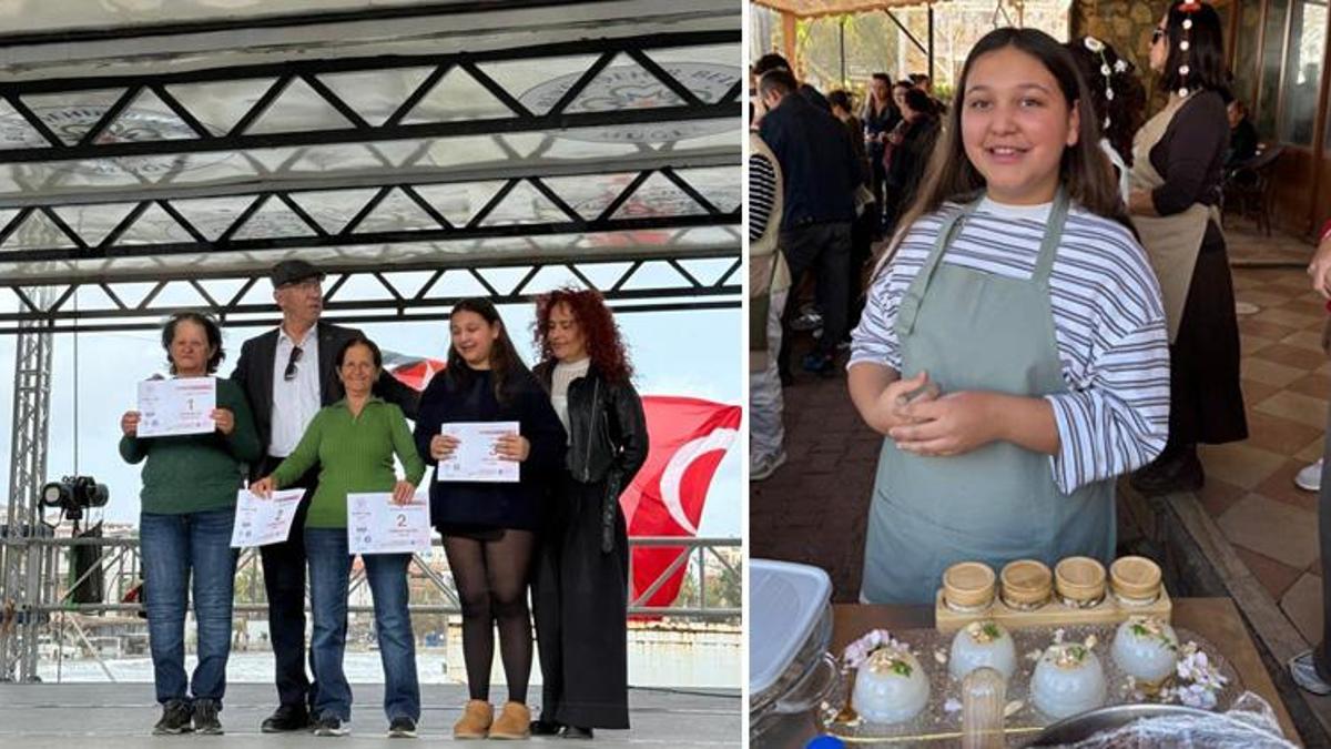 Badem çiçekleri arasında geleneksel lezzet şovu! Z kuşağı geleneklerine sahip çıkıyor: 3 yaşındaki Lidya asırlık 'Peluze' tatlısıyla kürsüye çıktı!