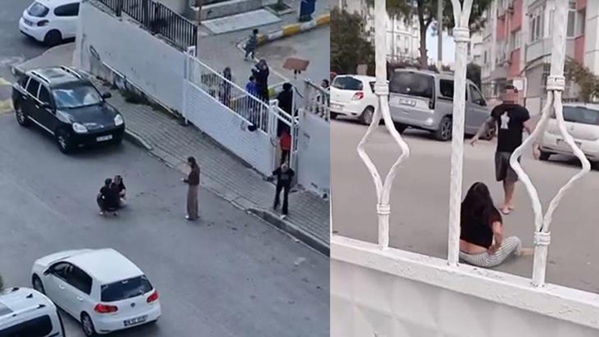 İzmir'de sokak ortasında eşine şiddet uyguladı! Okuldaki çocuklar dehşeti izledi