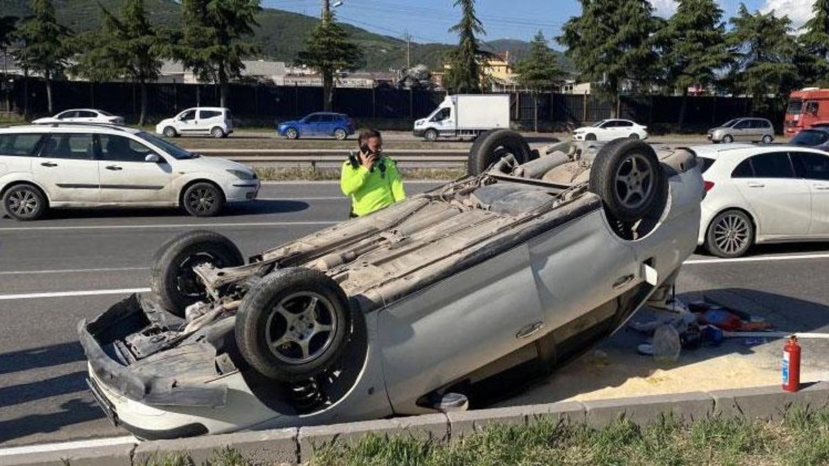 Körfez'de otomobil takla atıp ters döndü sürücü yara almadan kurtuldu