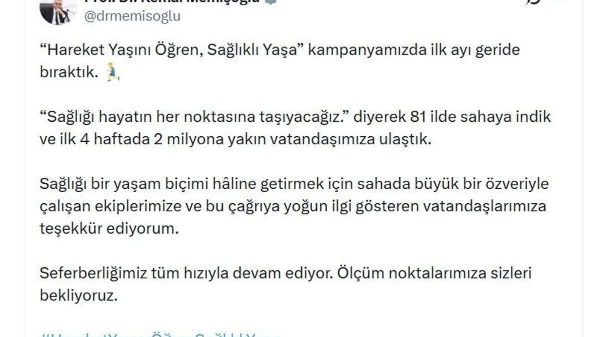 Bakan Memişoğlu: 'Hareket Yaşını Öğren, Sağlıklı Yaşa' kampanyamızda 2 milyona yakın vatandaşımıza ulaştık
