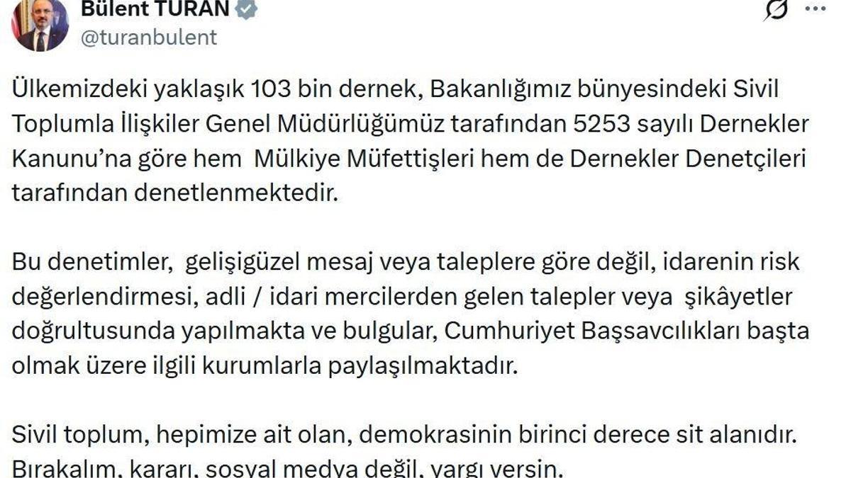 İçişleri Bakan Yardımcısı Turan: Dernekler denetlenmektedir