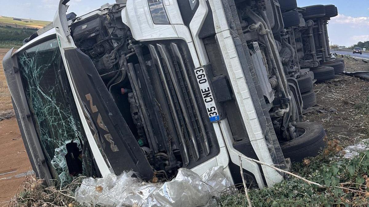 Devrilen buğday yüklü kamyonun şoförü yaralandı
