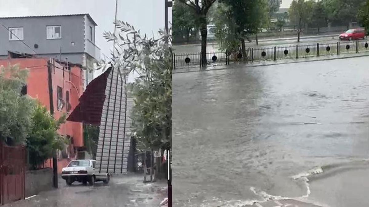 Adana'da sağanak ve kuvvetli rüzgar! Yollar dereye döndü, çatılar sokağa düştü