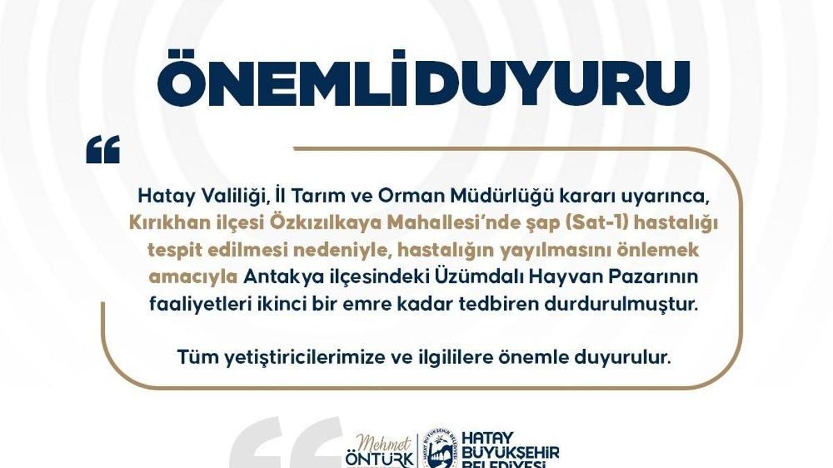 Hatay’da Üzümdalı Hayvan Pazarı, şap hastalığı nedeniyle geçici olarak kapatıldı