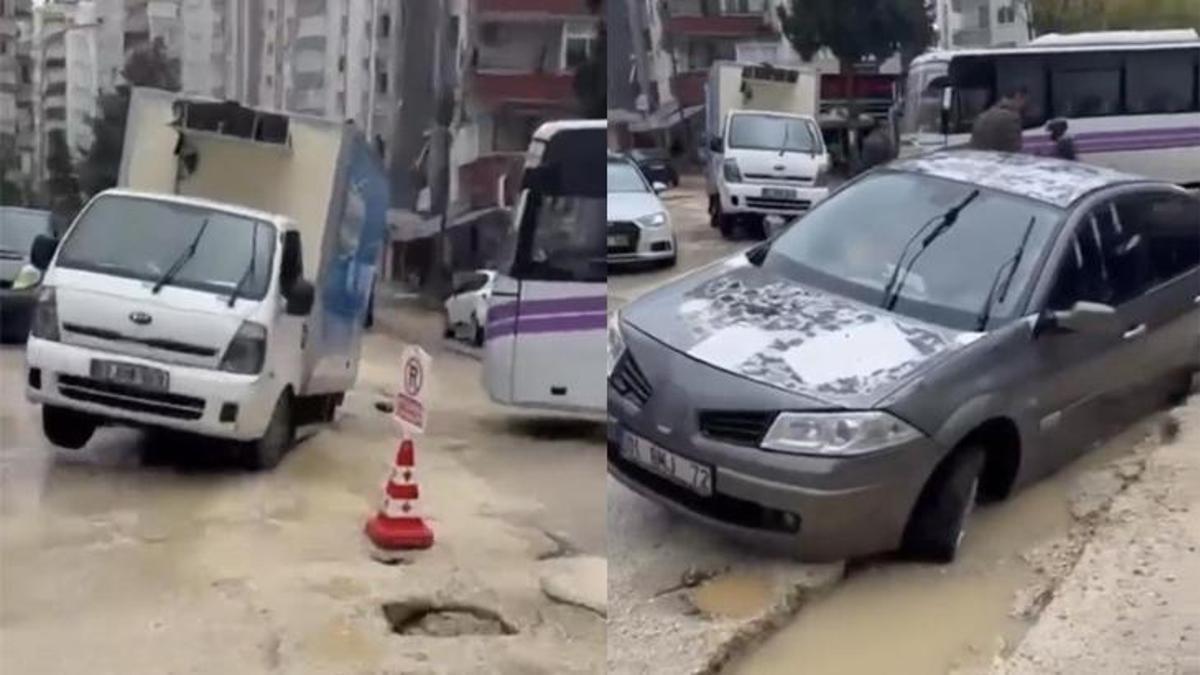 Adana’da şiddetli yağış! Yol çöktü, araçlar içine düştü