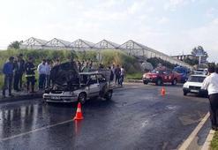 Araç alev topuna döndü sürücü baygınlık geçirdi